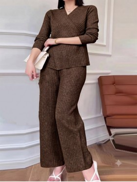 Solid Color Ribbed Sweater and Pants Set with Drawstring